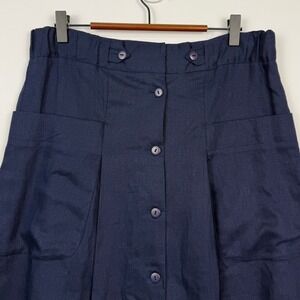Vintage Button Front Maxi Skirt Women 10R Navy Linen Cotton Dark Academia Modest